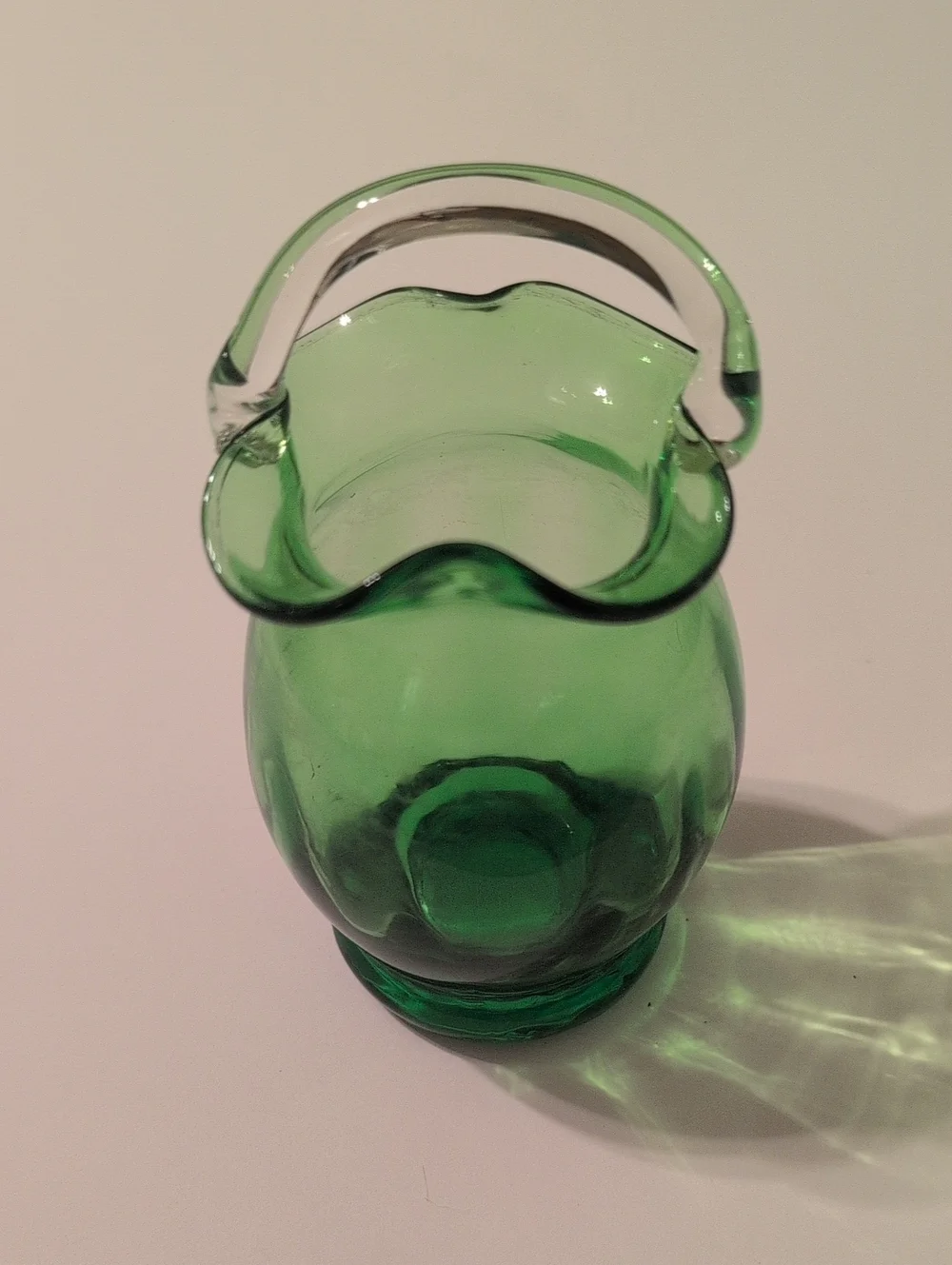 Green Pilgrim Glass Ruffled Rim Pitcher with Clear Handle